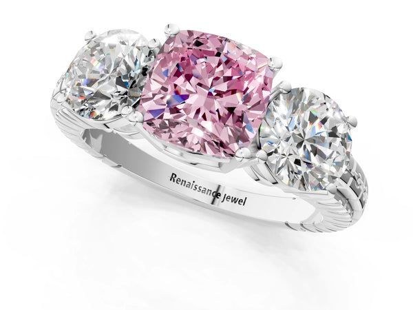 White gold Three-Stone Fancy Pink Cushion Cut Cut Diamond Ring with Channel-Set Band and Prong Setting