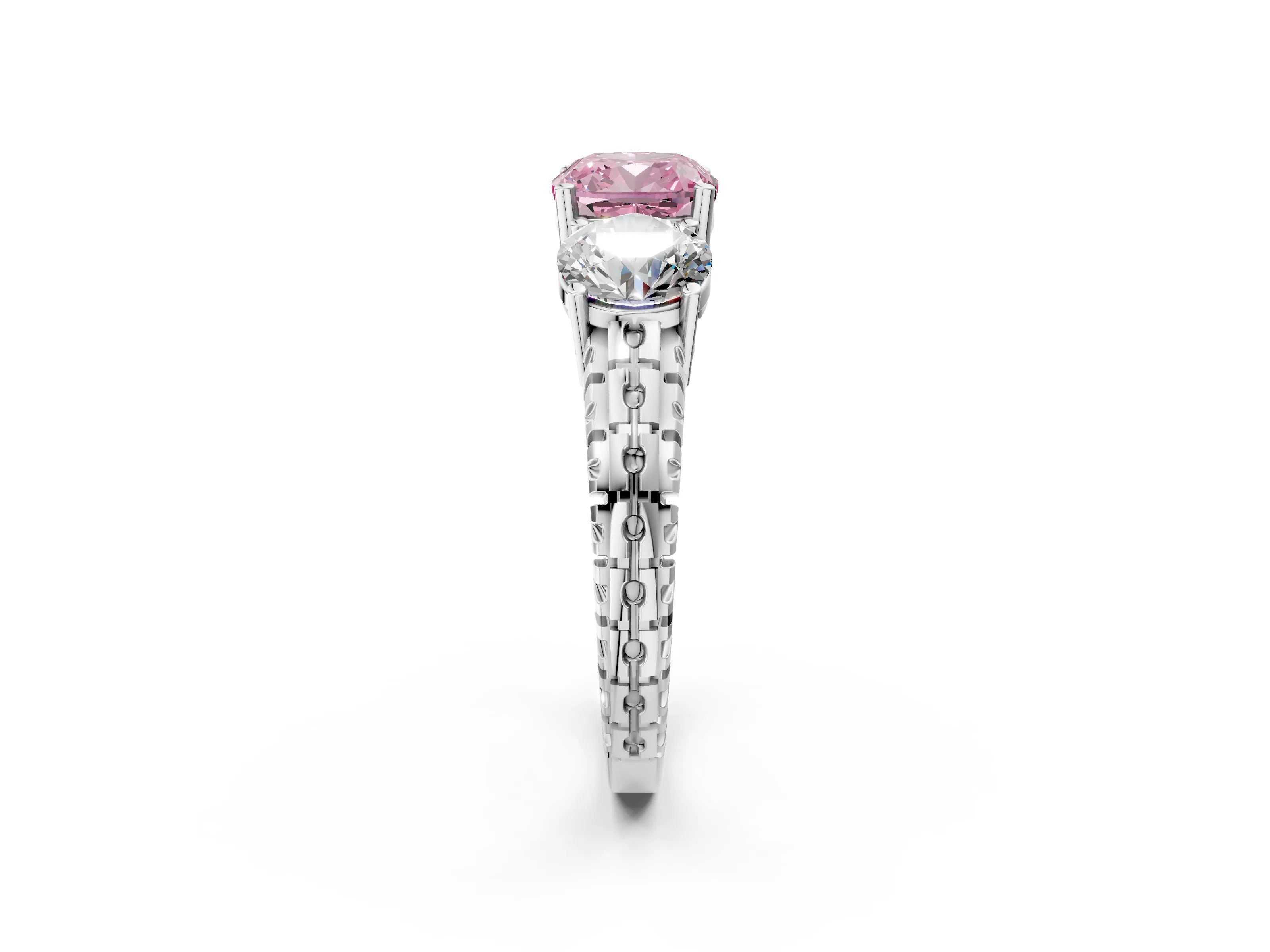 White gold Three-Stone Fancy Pink Cushion Cut Cut Diamond Ring with Channel-Set Band and Prong Setting_2
