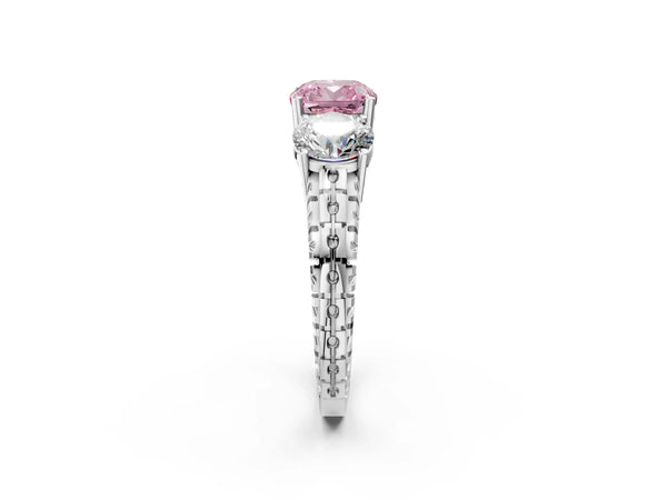 White gold Three-Stone Fancy Pink Cushion Cut Cut Diamond Ring with Channel-Set Band and Prong Setting
