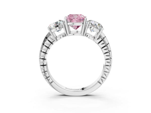 White gold Three-Stone Fancy Pink Cushion Cut Cut Diamond Ring with Channel-Set Band and Prong Setting