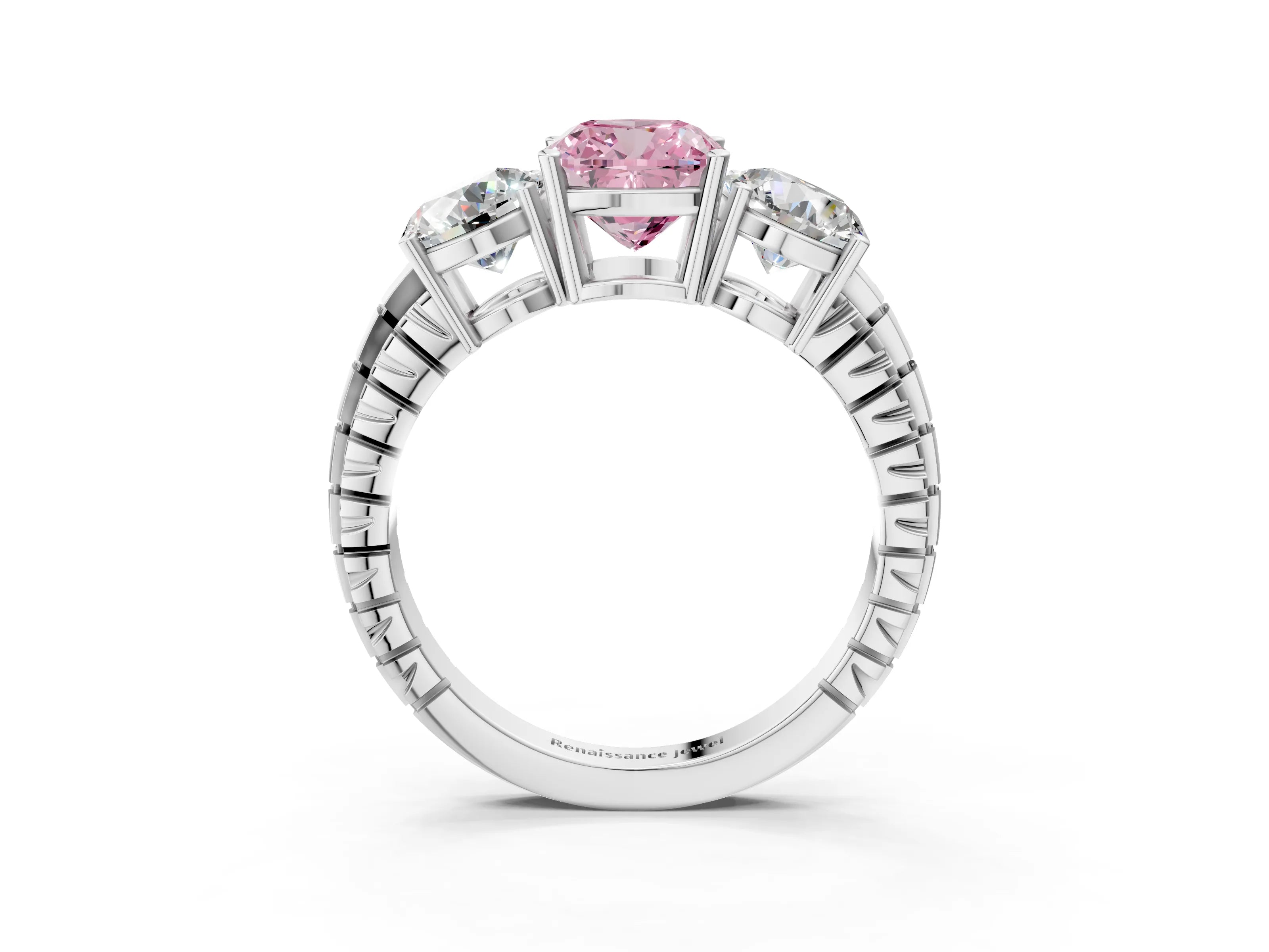 White gold Three-Stone Fancy Pink Cushion Cut Cut Diamond Ring with Channel-Set Band and Prong Setting_3