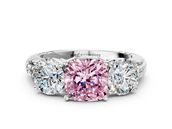 White gold Three-Stone Fancy Pink Cushion Cut Cut Diamond Ring with Channel-Set Band and Prong Setting