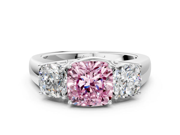 Platinum Three-Stone Fancy Pink Cushion Cut Cut Diamond Ring with Prong Setting and Classic Band