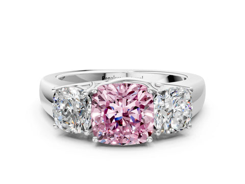 White gold Three-Stone Fancy Pink Cushion Cut Cut Diamond Ring with Prong Setting and Classic Band