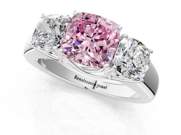 Platinum Three-Stone Fancy Pink Cushion Cut Cut Diamond Ring with Prong Setting and Classic Band