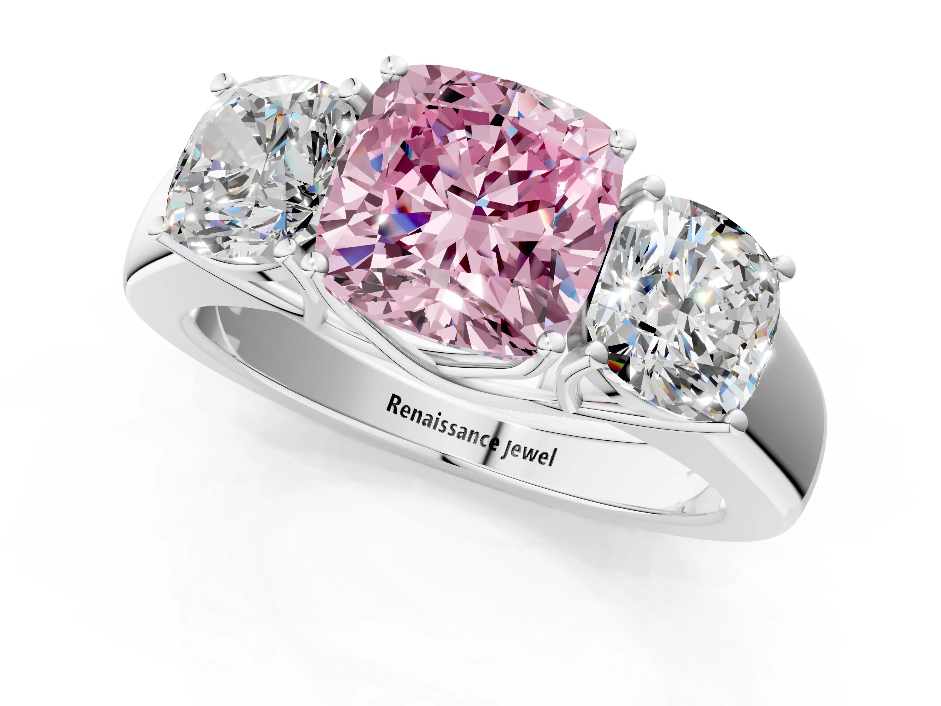 White gold Three-Stone Fancy Pink Cushion Cut Cut Diamond Ring with Prong Setting and Classic Band_1