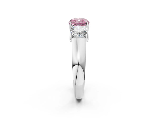 Platinum Three-Stone Fancy Pink Cushion Cut Cut Diamond Ring with Prong Setting and Classic Band