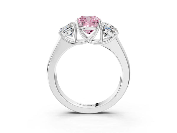 Platinum Three-Stone Fancy Pink Cushion Cut Cut Diamond Ring with Prong Setting and Classic Band