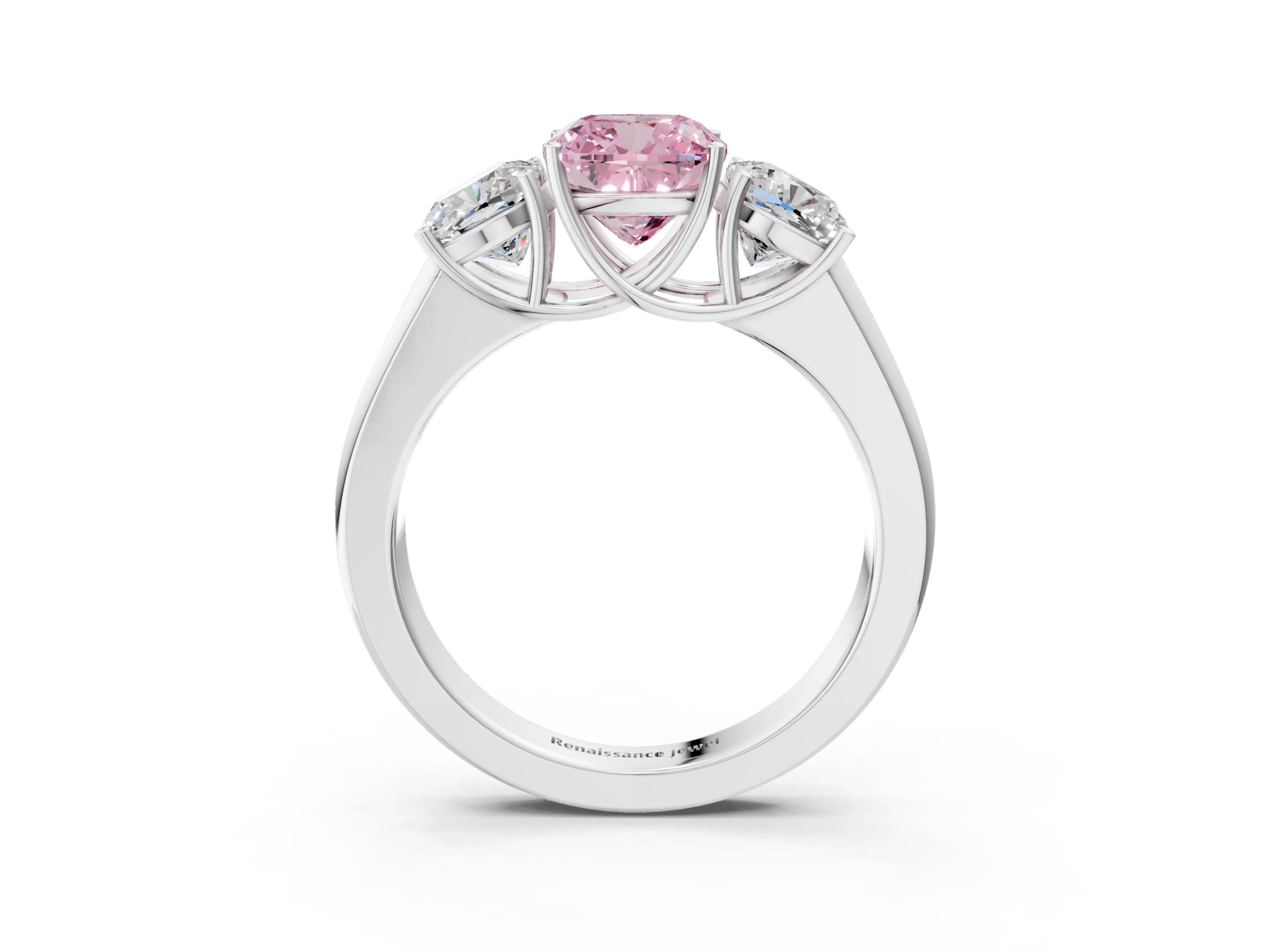 White gold Three-Stone Fancy Pink Cushion Cut Cut Diamond Ring with Prong Setting and Classic Band_3