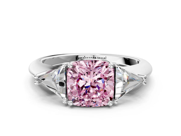Platinum Three-Stone Fancy Pink Cushion Cut Cut Diamond Ring with Trillion Side Stones and Four-Prong Setting