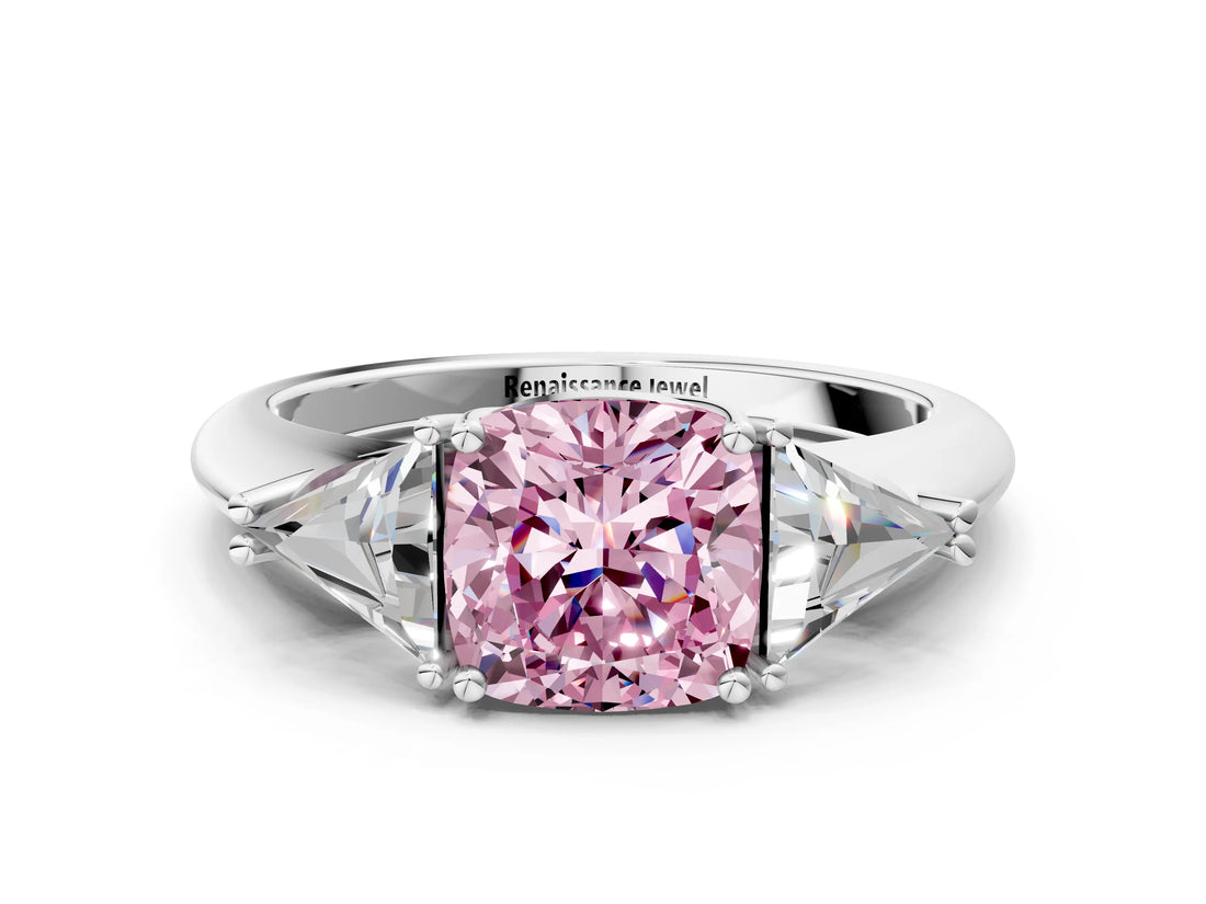 White gold Three-Stone Fancy Pink Cushion Cut Cut Diamond Ring with Trillion Side Stones and Four-Prong Setting_11