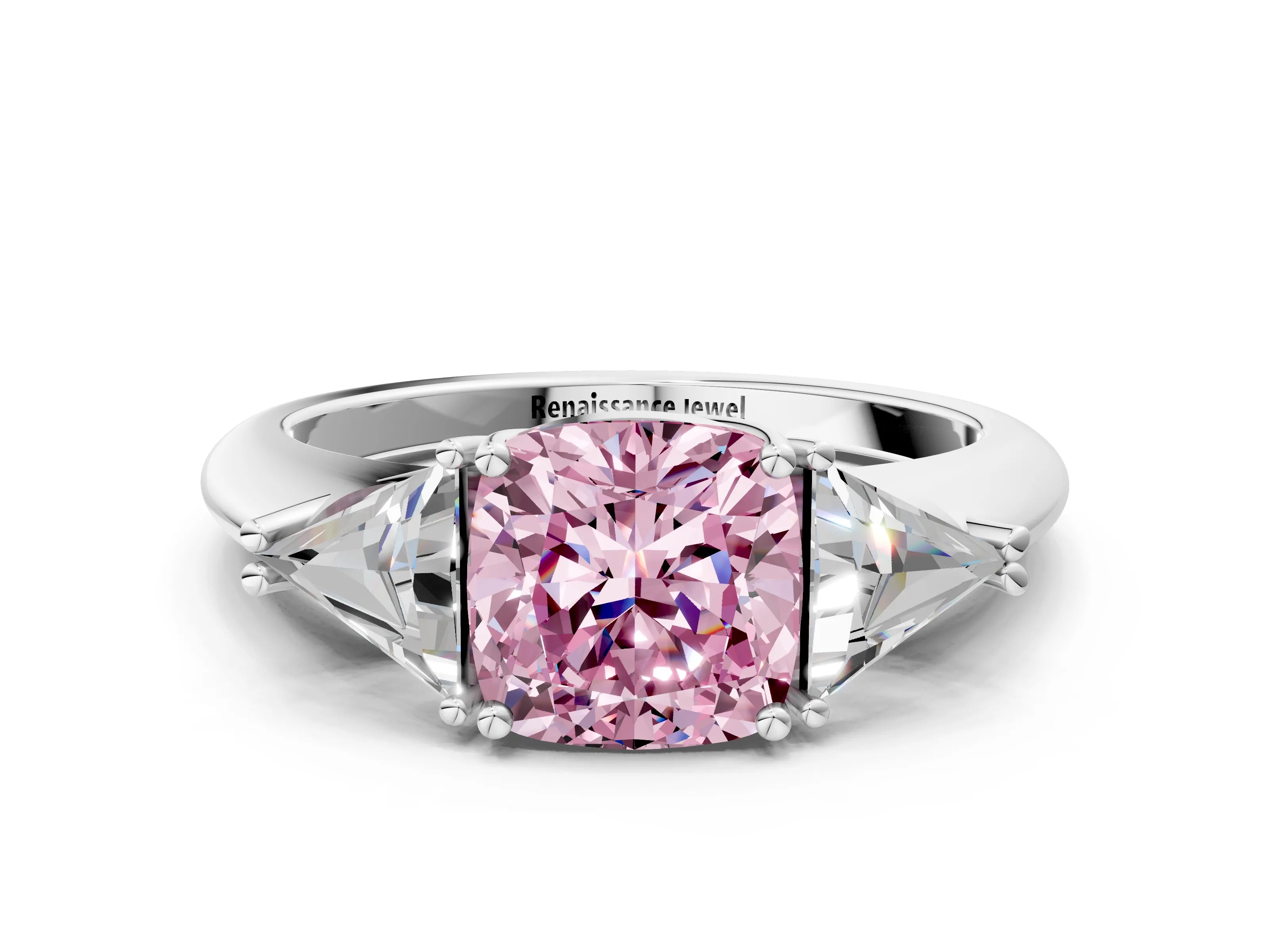 White gold Three-Stone Fancy Pink Cushion Cut Cut Diamond Ring with Trillion Side Stones and Four-Prong Setting_11