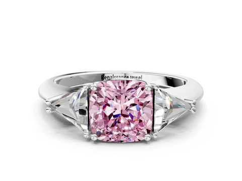 White gold Three-Stone Fancy Pink Cushion Cut Cut Diamond Ring with Trillion Side Stones and Four-Prong Setting_11