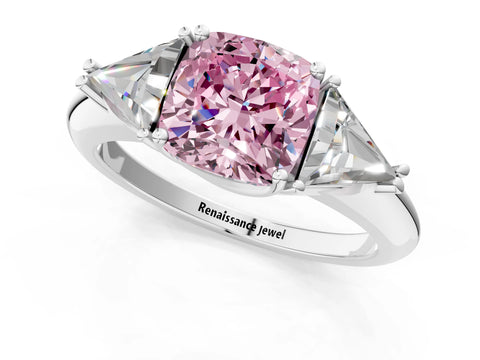 White gold Three-Stone Fancy Pink Cushion Cut Cut Diamond Ring with Trillion Side Stones and Four-Prong Setting_12