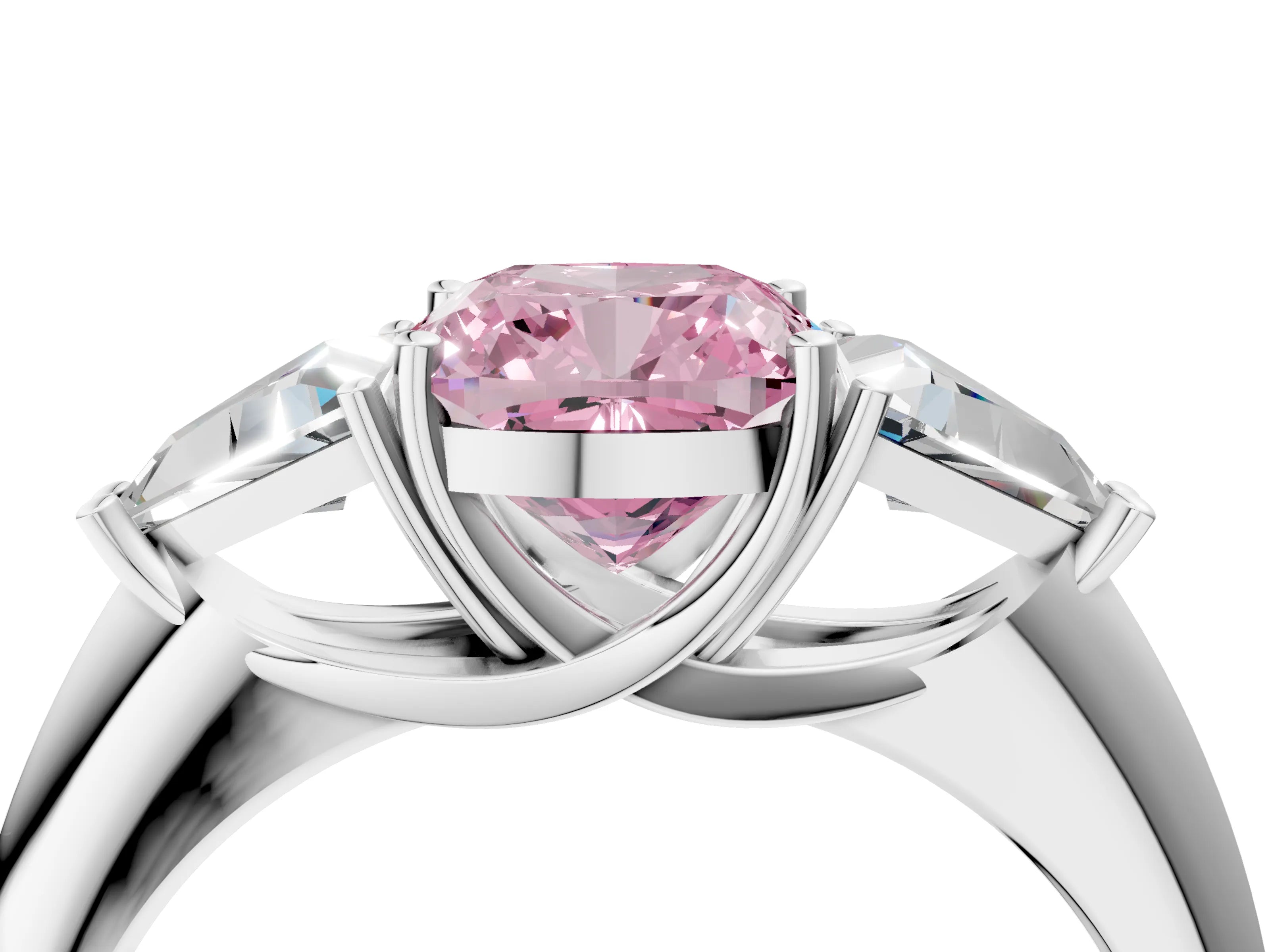 White gold Three-Stone Fancy Pink Cushion Cut Cut Diamond Ring with Trillion Side Stones and Four-Prong Setting_15
