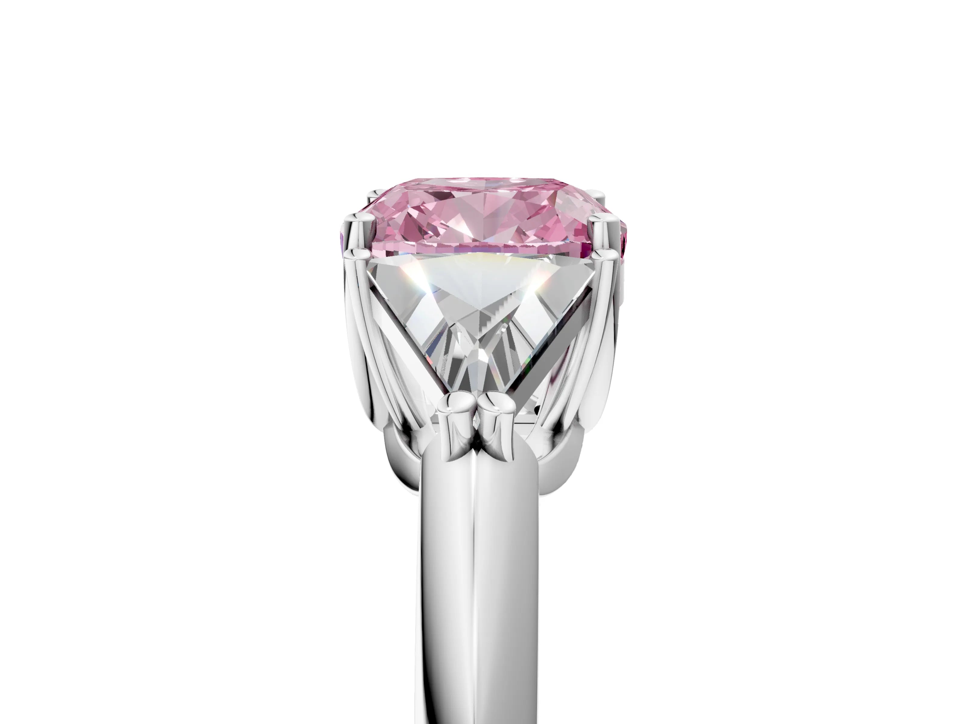 White gold Three-Stone Fancy Pink Cushion Cut Cut Diamond Ring with Trillion Side Stones and Four-Prong Setting_16