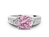White gold Three-Stone Fancy Pink Cushion Cut Cut Diamond Ring with Trillion Side Stones on a Split Shank Band