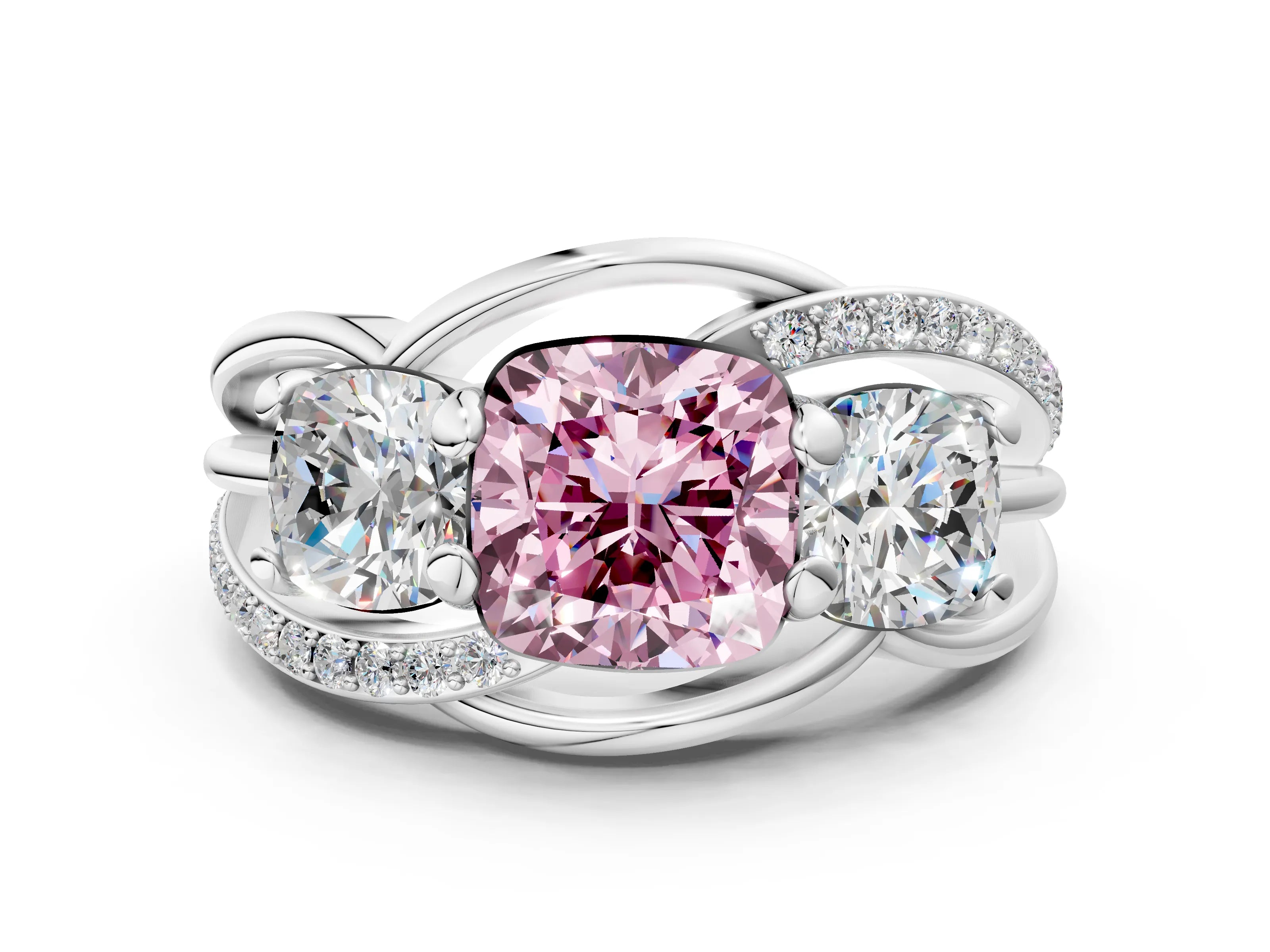White gold Three-Stone Fancy Pink Cushion Cut Cut Diamond Split Shank Prong Set Ring_12