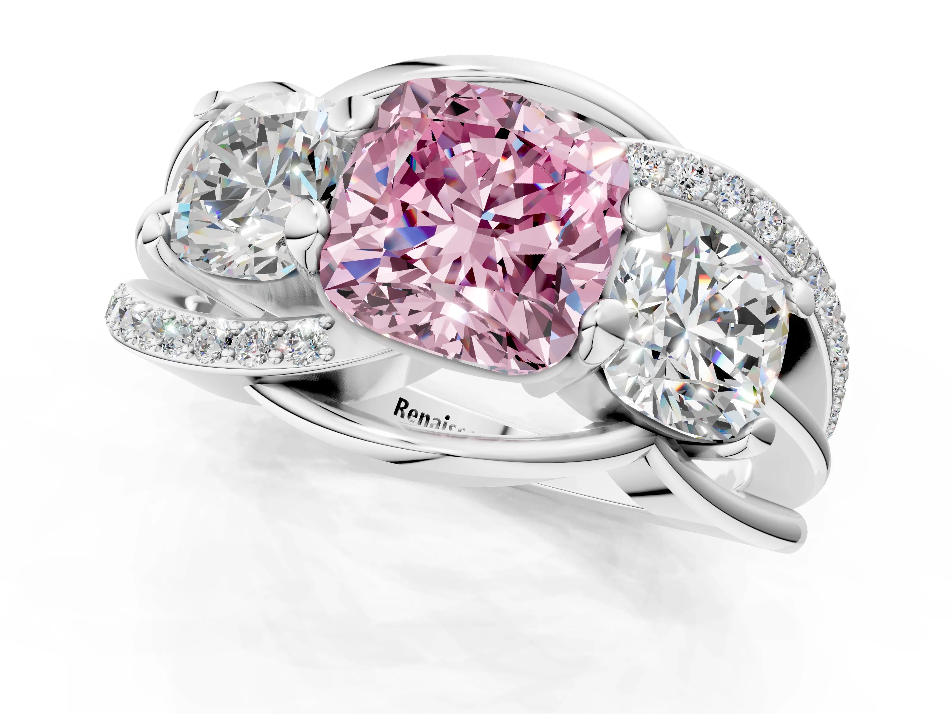 White gold Three-Stone Fancy Pink Cushion Cut Cut Diamond Split Shank Prong Set Ring_13