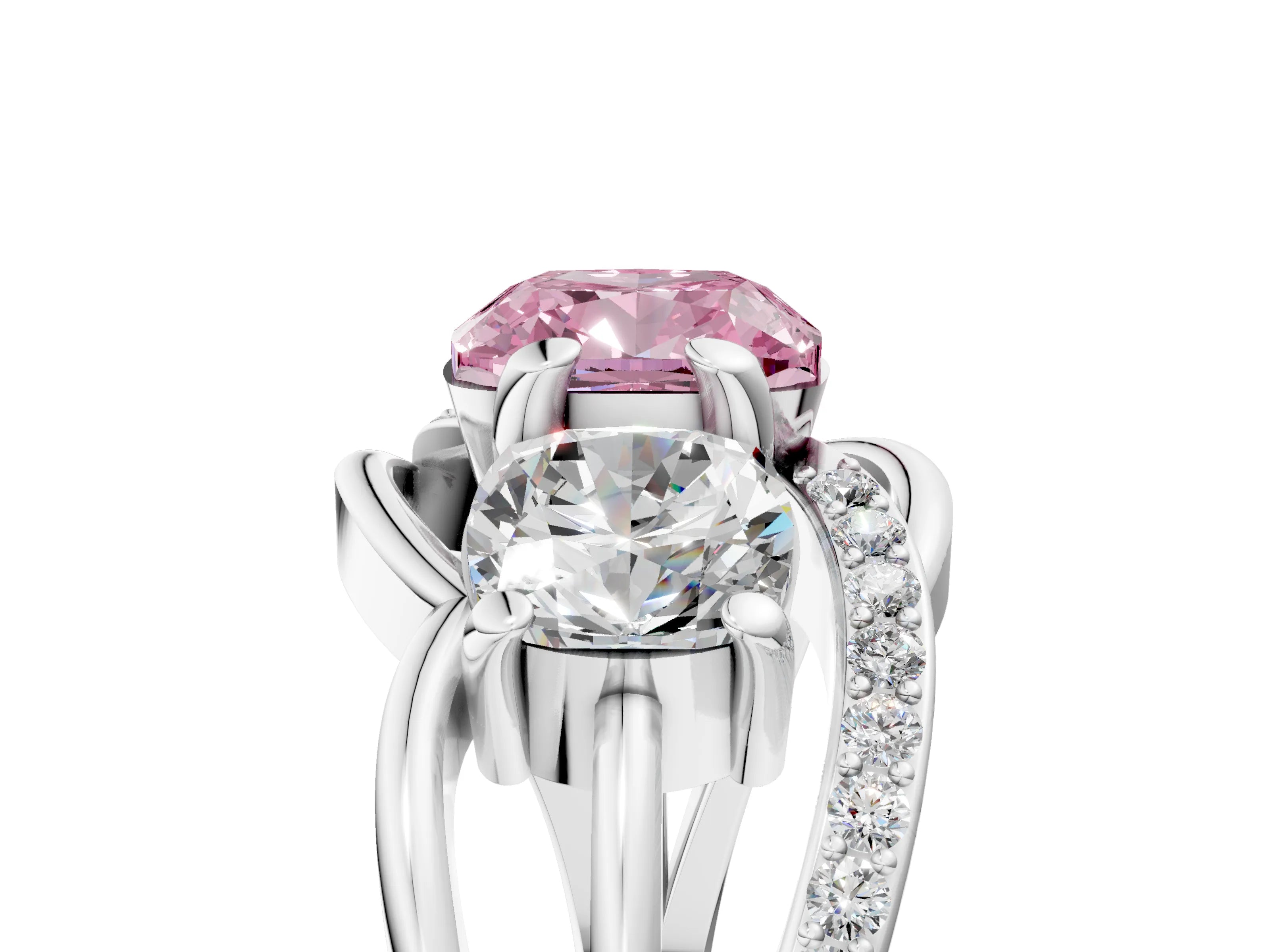 White gold Three-Stone Fancy Pink Cushion Cut Cut Diamond Split Shank Prong Set Ring_17