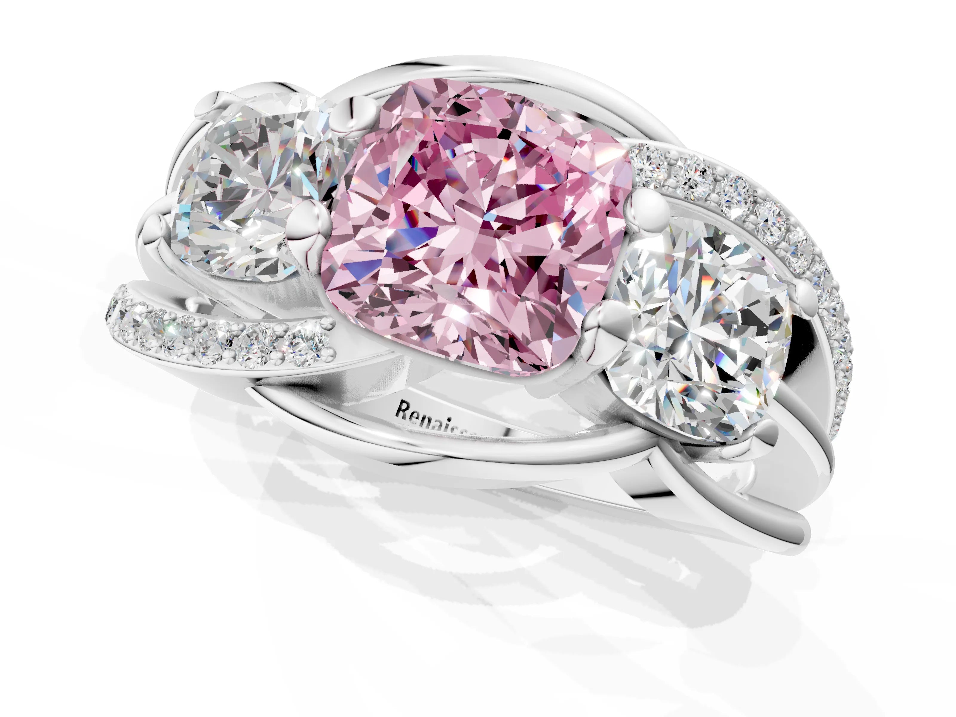 White gold Three-Stone Fancy Pink Cushion Cut Cut Diamond Split Shank Prong Set Ring_1