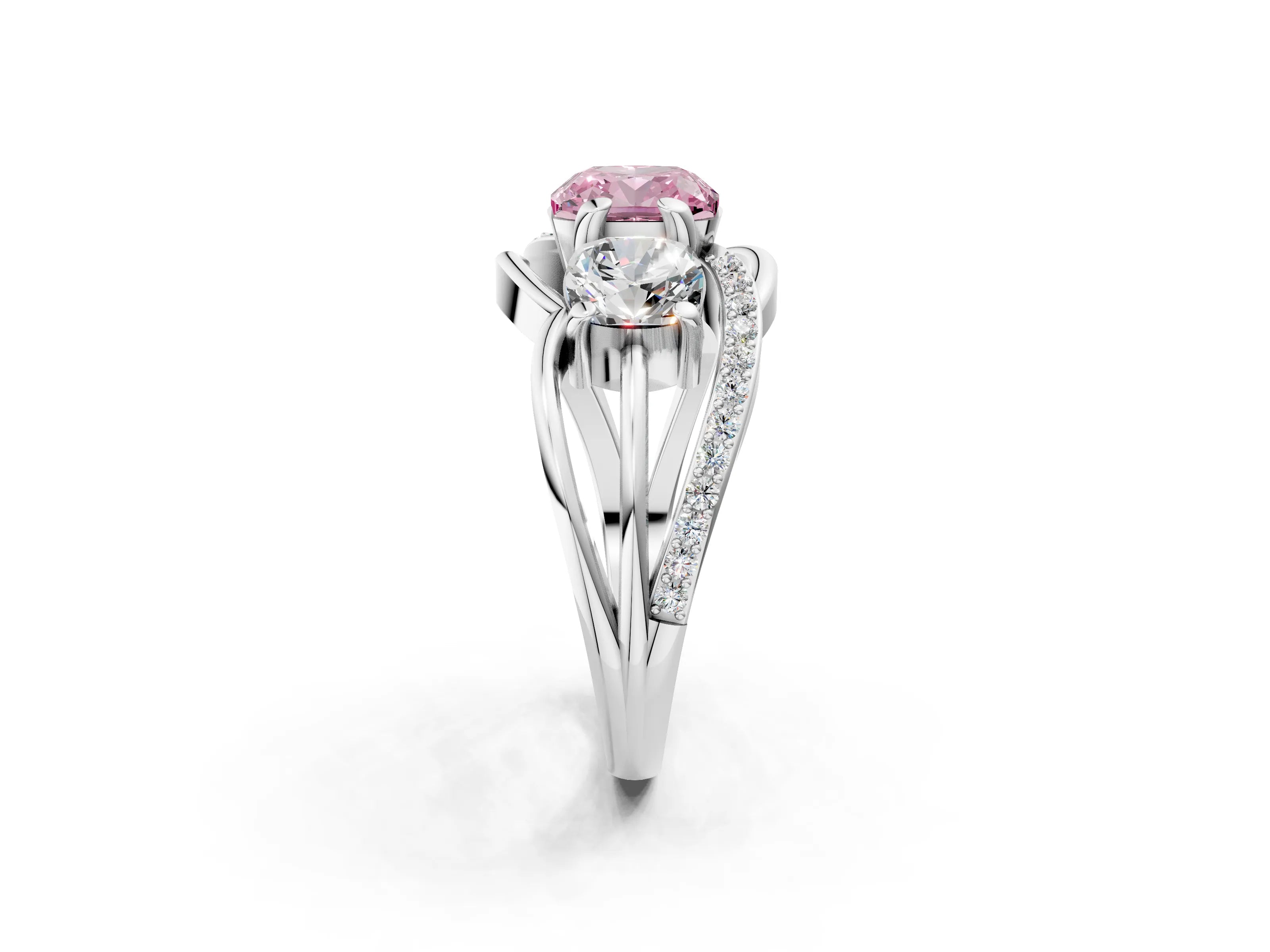 White gold Three-Stone Fancy Pink Cushion Cut Cut Diamond Split Shank Prong Set Ring_2