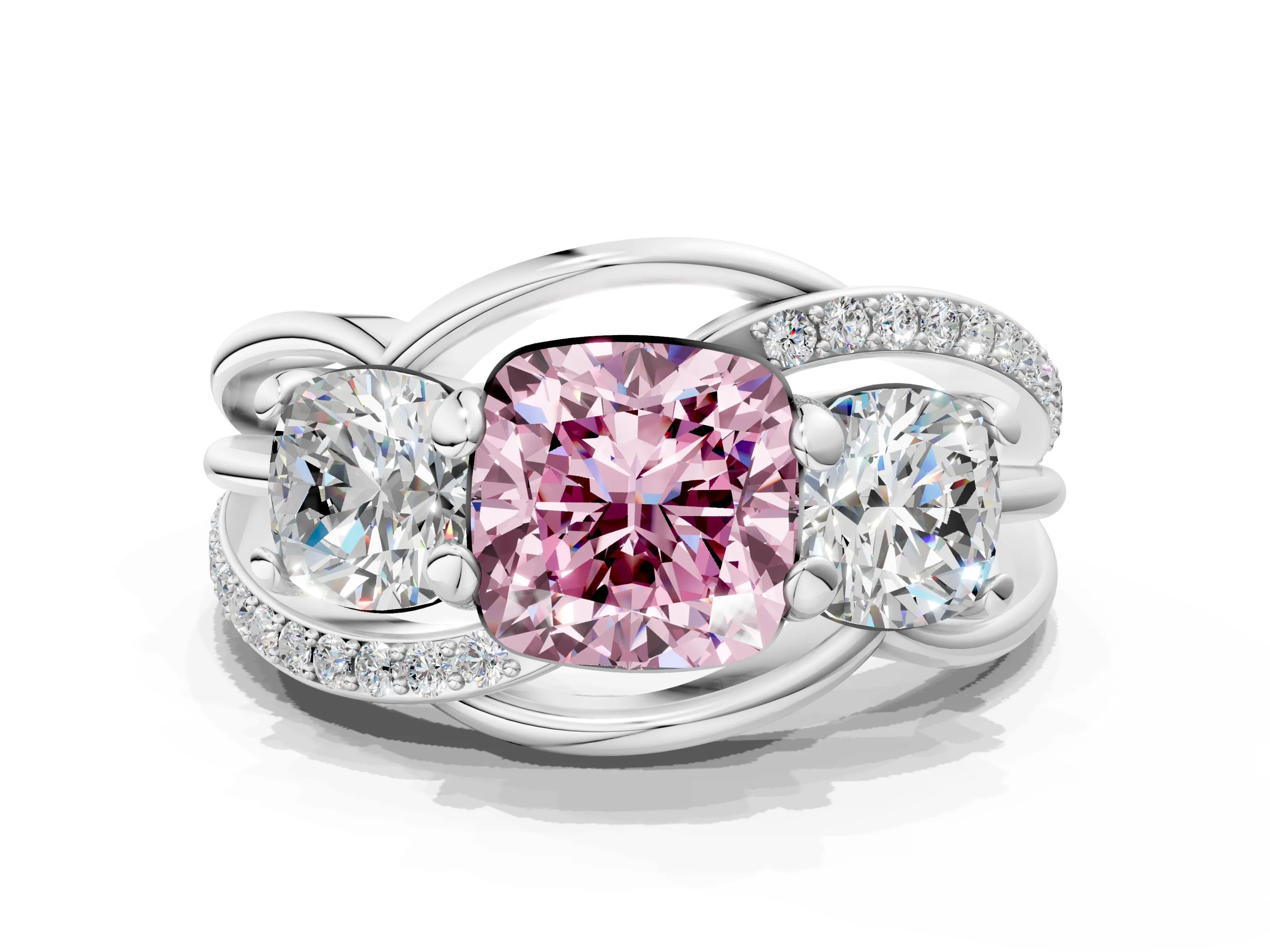 White gold Three-Stone Fancy Pink Cushion Cut Cut Diamond Split Shank Prong Set Ring