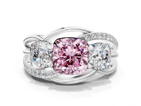 White gold Three-Stone Fancy Pink Cushion Cut Cut Diamond Split Shank Prong Set Ring