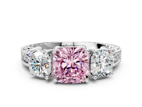 White gold Three-Stone Fancy Pink Cushion Cut Cut Milgrain Pavé Engagement Ring_12