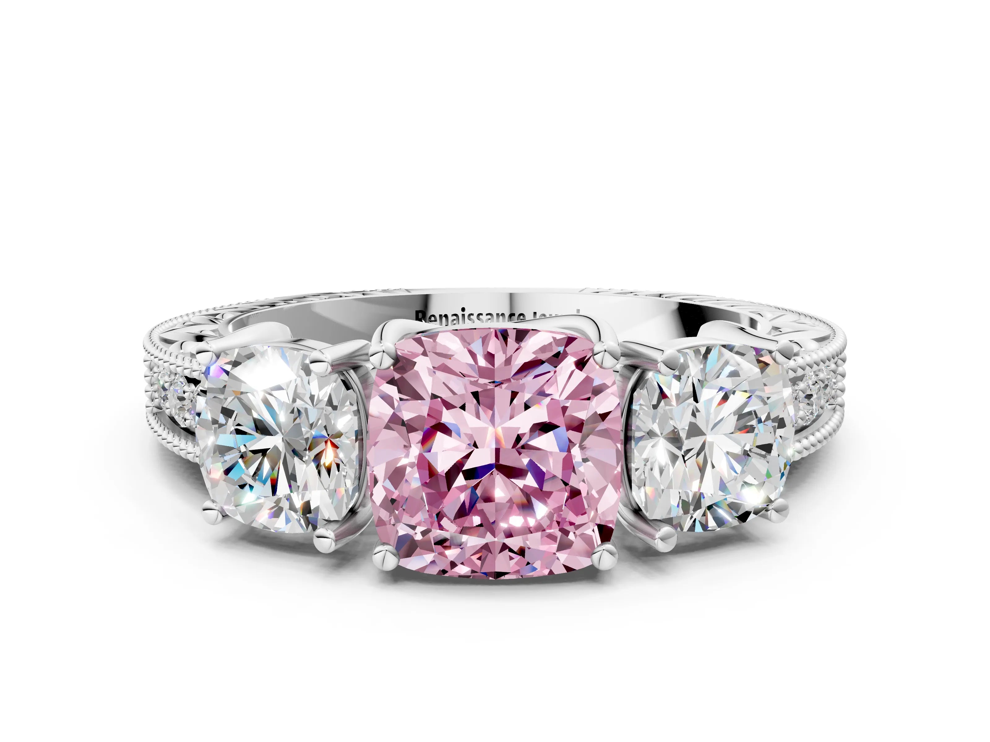 White gold Three-Stone Fancy Pink Cushion Cut Cut Milgrain Pavé Engagement Ring_12