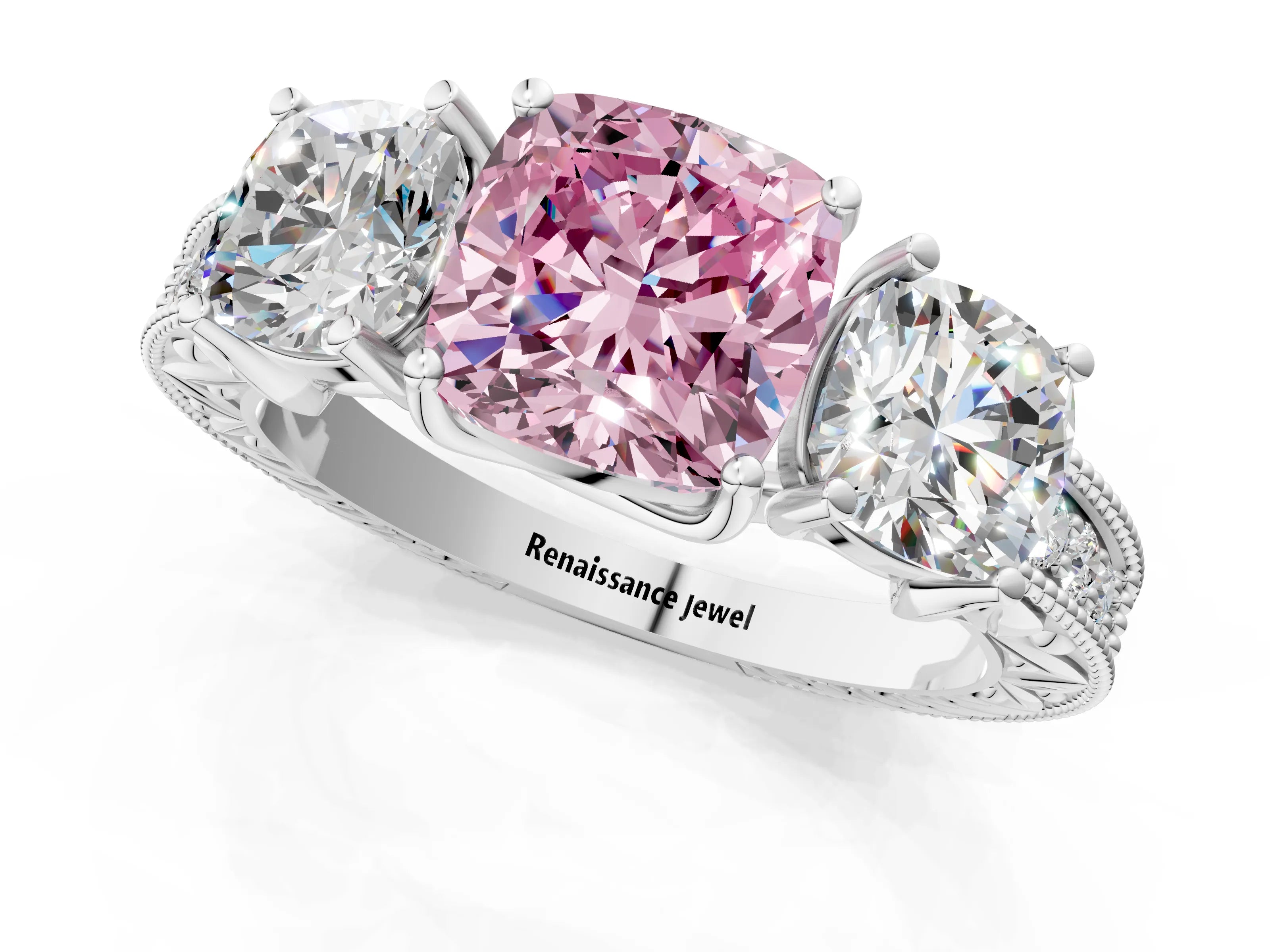 White gold Three-Stone Fancy Pink Cushion Cut Cut Milgrain Pavé Engagement Ring_13