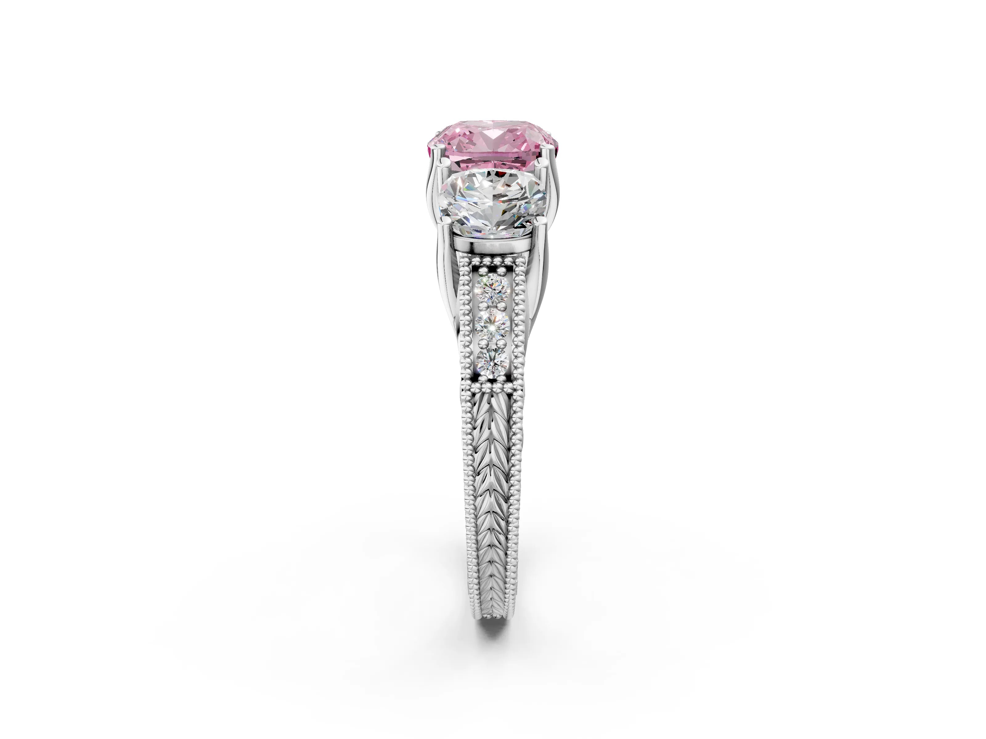 White gold Three-Stone Fancy Pink Cushion Cut Cut Milgrain Pavé Engagement Ring_14