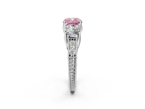 White gold Three-Stone Fancy Pink Cushion Cut Cut Milgrain Pavé Engagement Ring_14
