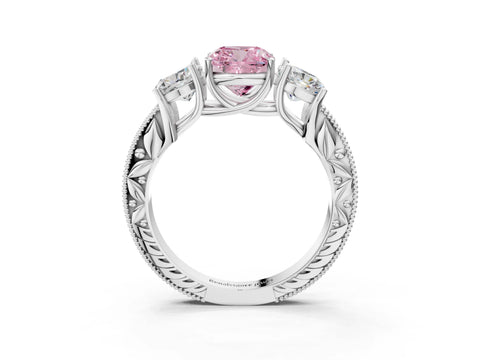 White gold Three-Stone Fancy Pink Cushion Cut Cut Milgrain Pavé Engagement Ring_15