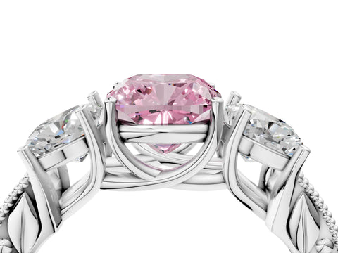 White gold Three-Stone Fancy Pink Cushion Cut Cut Milgrain Pavé Engagement Ring_16