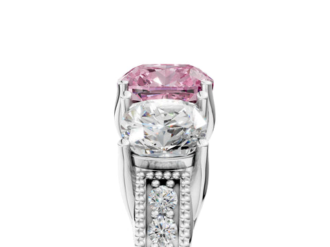 White gold Three-Stone Fancy Pink Cushion Cut Cut Milgrain Pavé Engagement Ring_17
