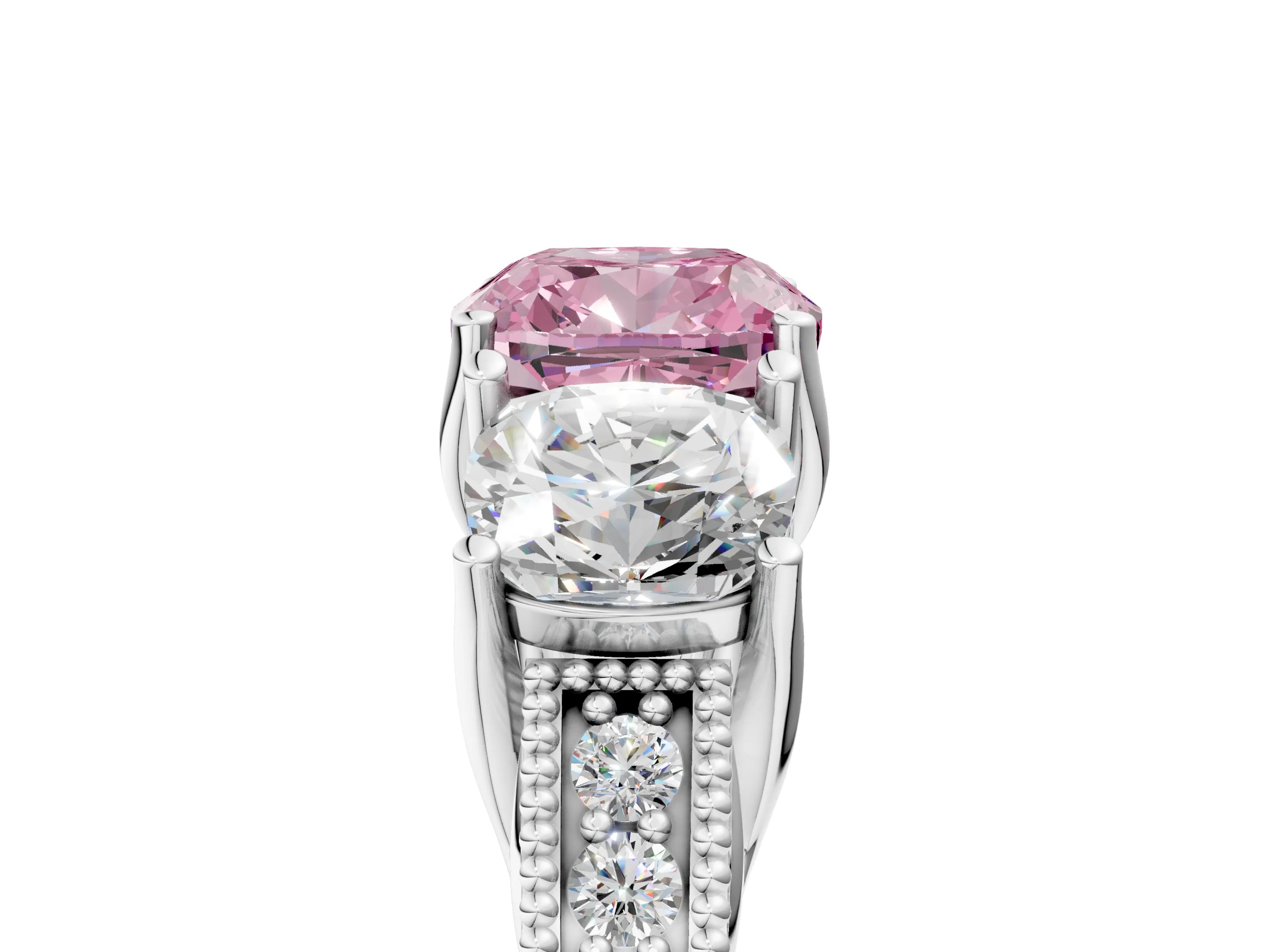 White gold Three-Stone Fancy Pink Cushion Cut Cut Milgrain Pavé Engagement Ring_17