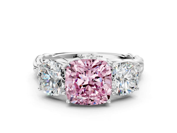 White gold Three-Stone Fancy Pink Cushion Cut Diamond Braided Band Ring with Four-Prong Setting