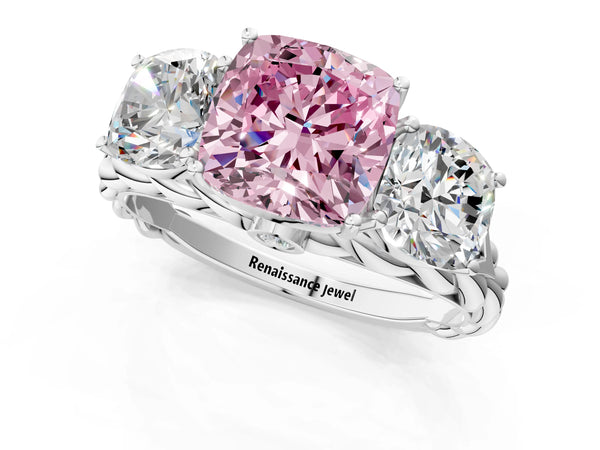 White gold Three-Stone Fancy Pink Cushion Cut Diamond Braided Band Ring with Four-Prong Setting