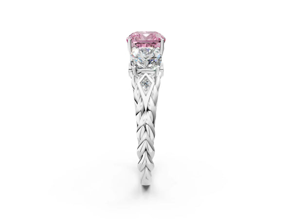 White gold Three-Stone Fancy Pink Cushion Cut Diamond Braided Band Ring with Four-Prong Setting