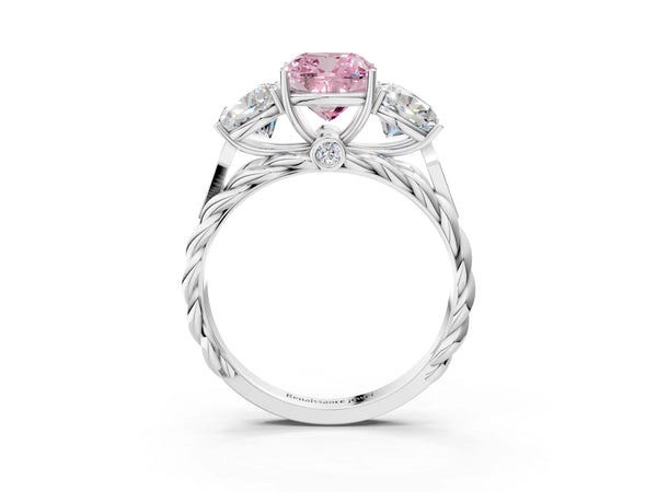 White gold Three-Stone Fancy Pink Cushion Cut Diamond Braided Band Ring with Four-Prong Setting