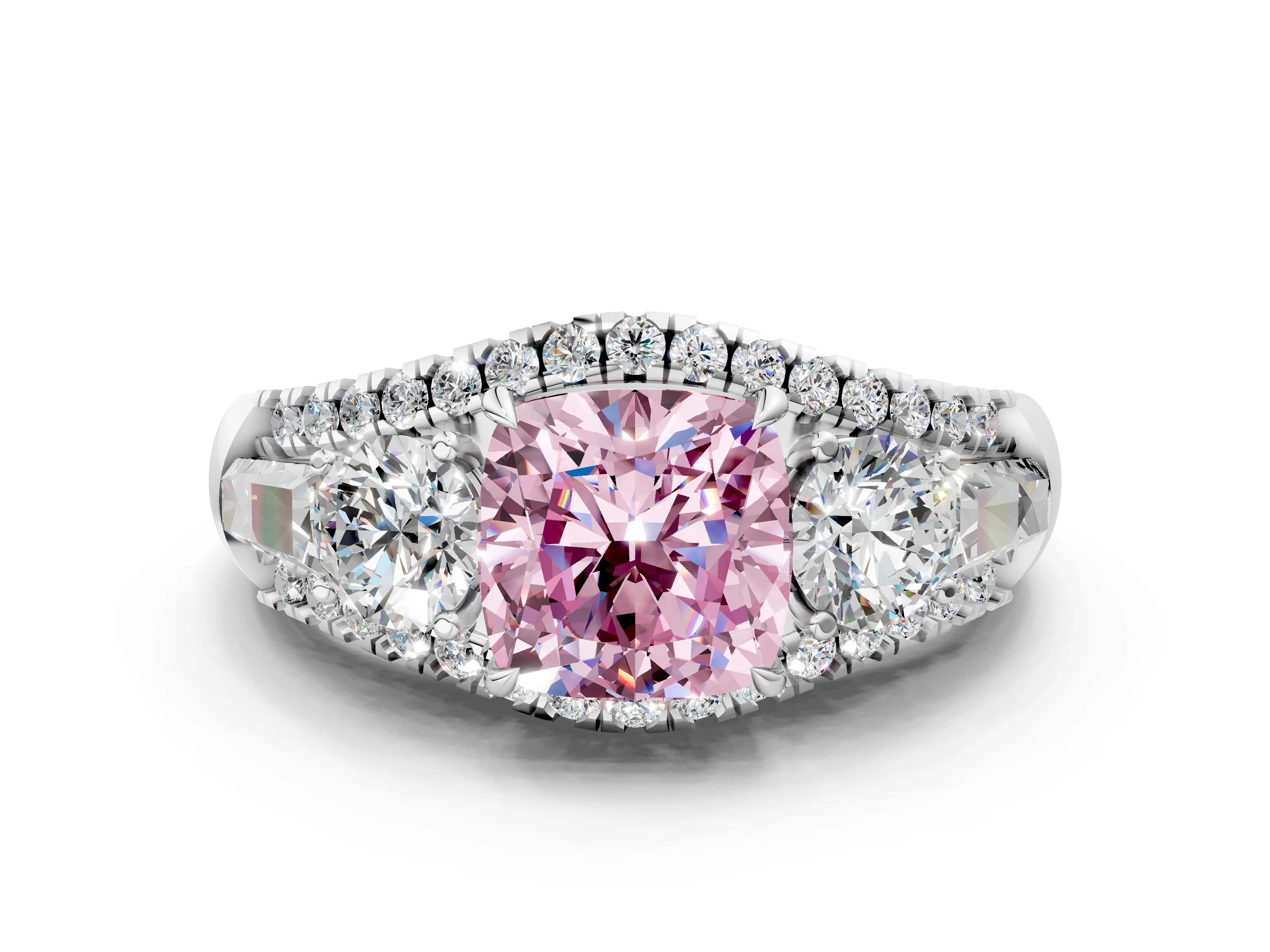 White gold Three-Stone Fancy Pink Cushion Cut Diamond Engagement Ring with Pave Band and Prong Setting_12