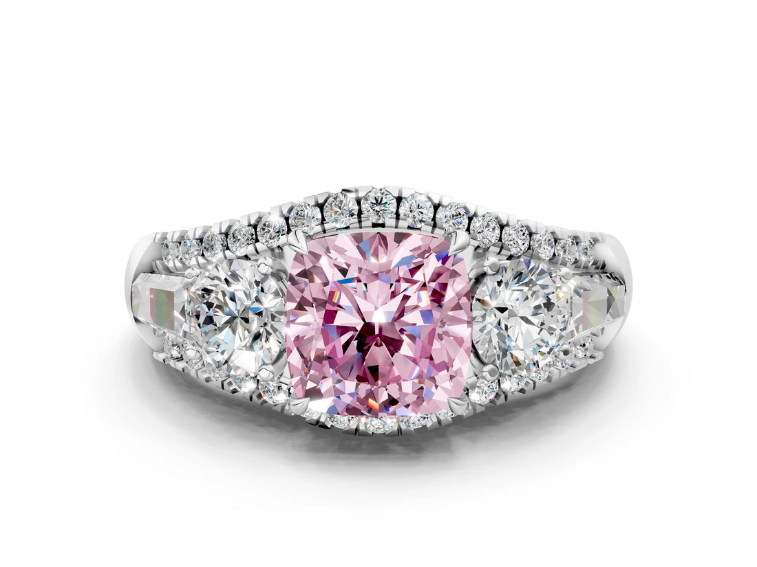 White gold Three-Stone Fancy Pink Cushion Cut Diamond Engagement Ring with Pave Band and Prong Setting_13