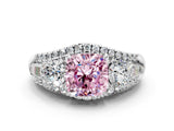 White gold Three-Stone Fancy Pink Cushion Cut Diamond Engagement Ring with Pave Band and Prong Setting_13