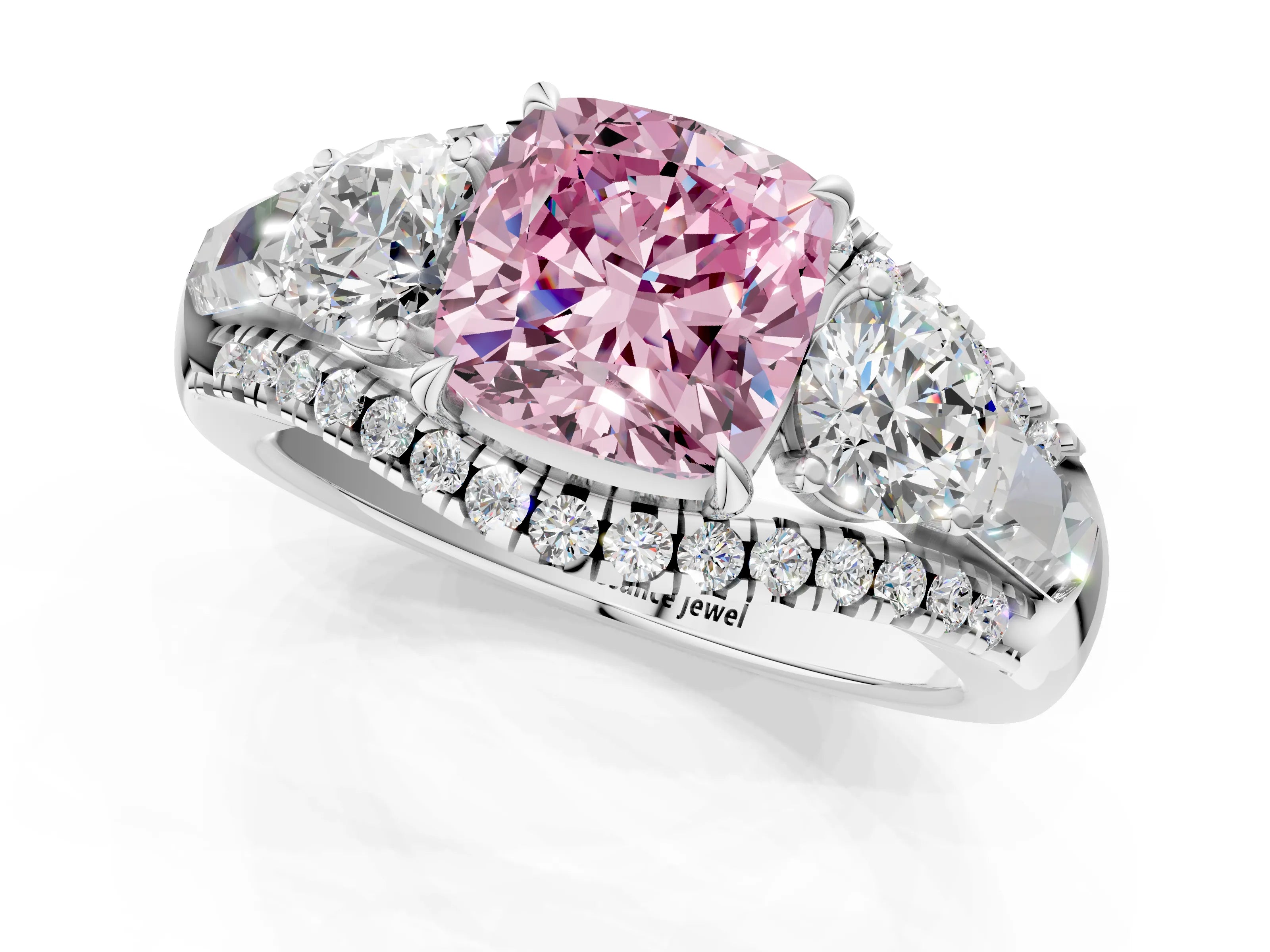 White gold Three-Stone Fancy Pink Cushion Cut Diamond Engagement Ring with Pave Band and Prong Setting_14