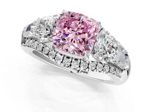 White gold Three-Stone Fancy Pink Cushion Cut Diamond Engagement Ring with Pave Band and Prong Setting_14