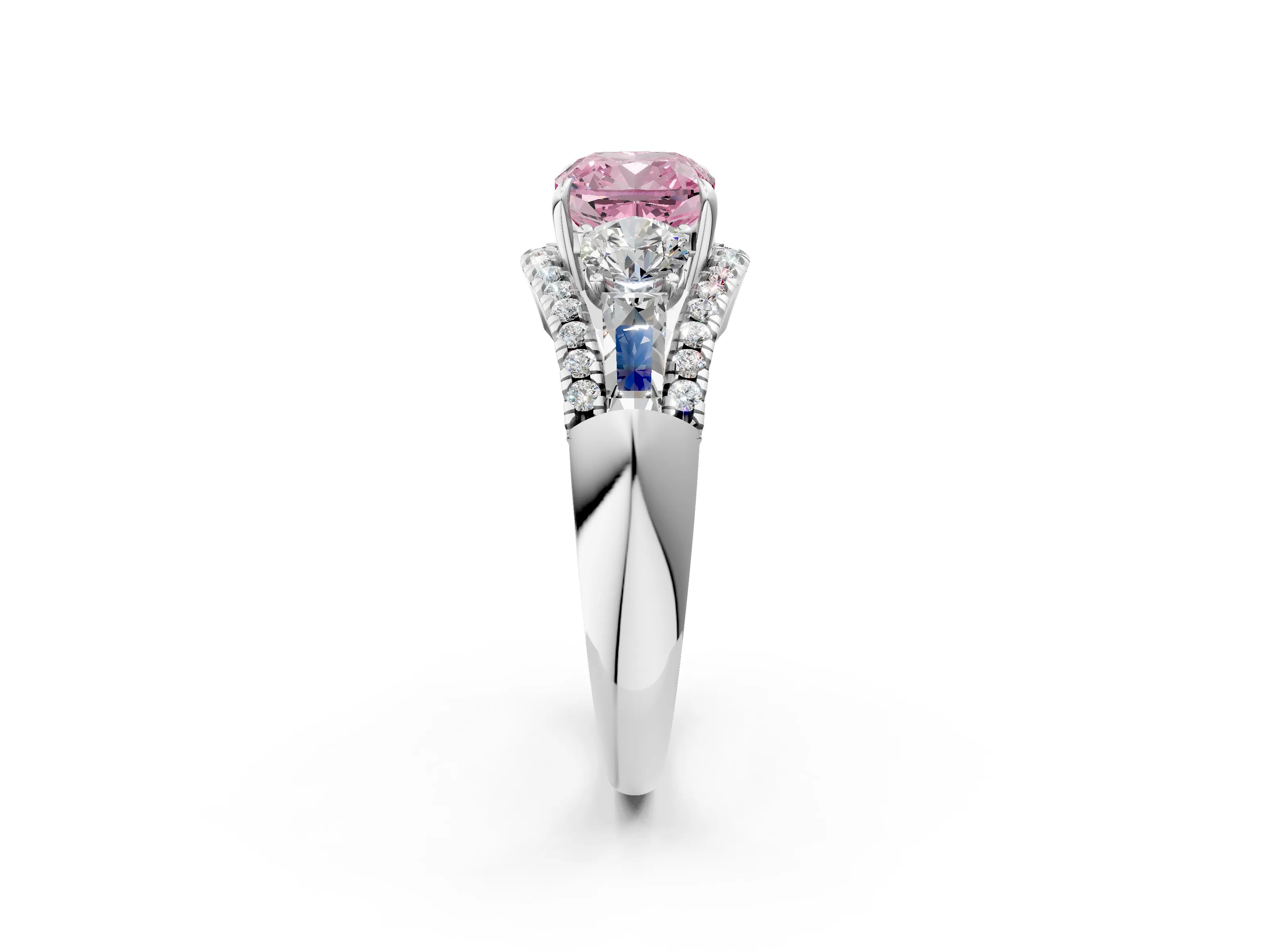 White gold Three-Stone Fancy Pink Cushion Cut Diamond Engagement Ring with Pave Band and Prong Setting_15