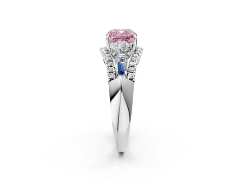 White gold Three-Stone Fancy Pink Cushion Cut Diamond Engagement Ring with Pave Band and Prong Setting_15