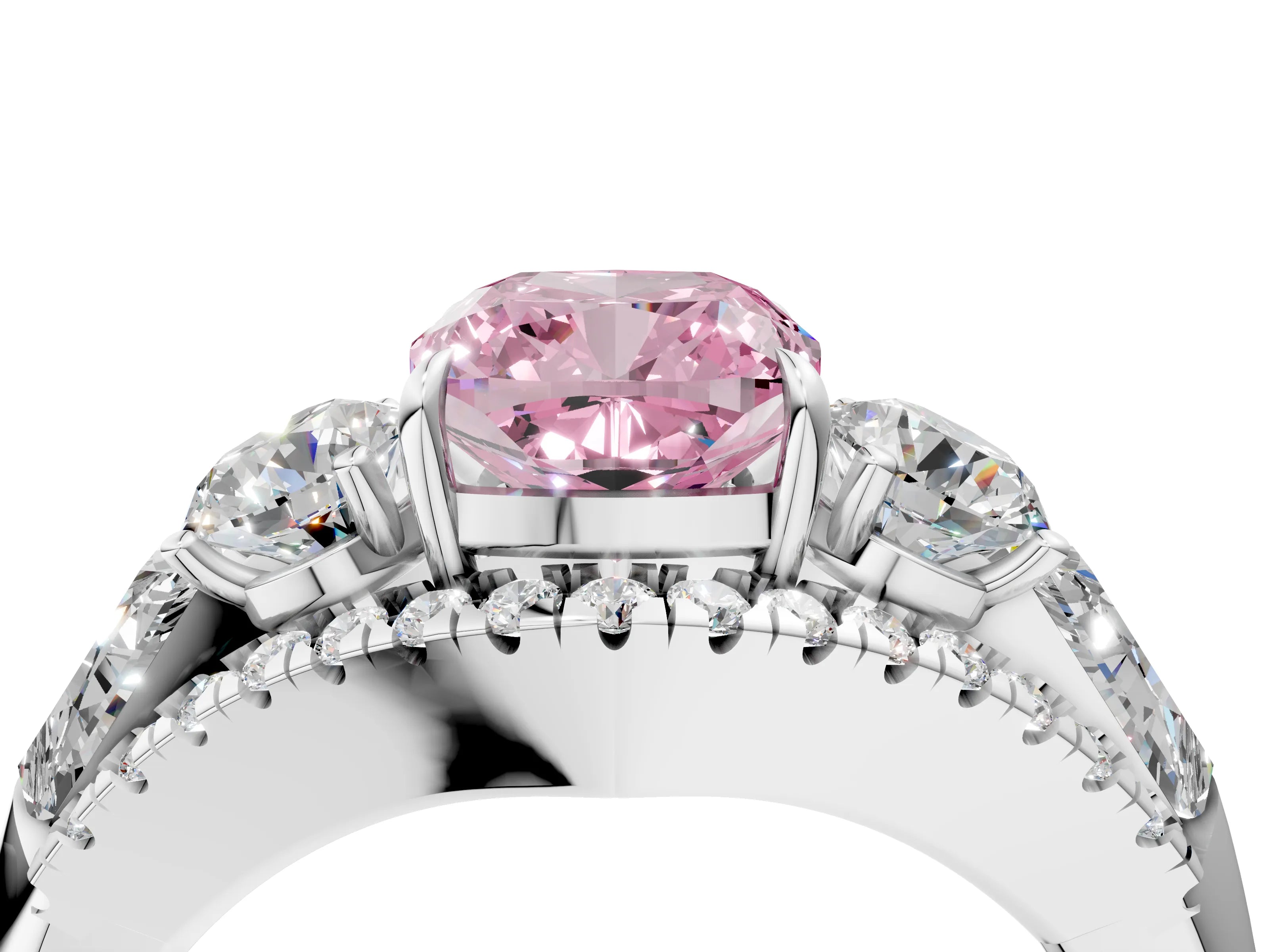 White gold Three-Stone Fancy Pink Cushion Cut Diamond Engagement Ring with Pave Band and Prong Setting_17