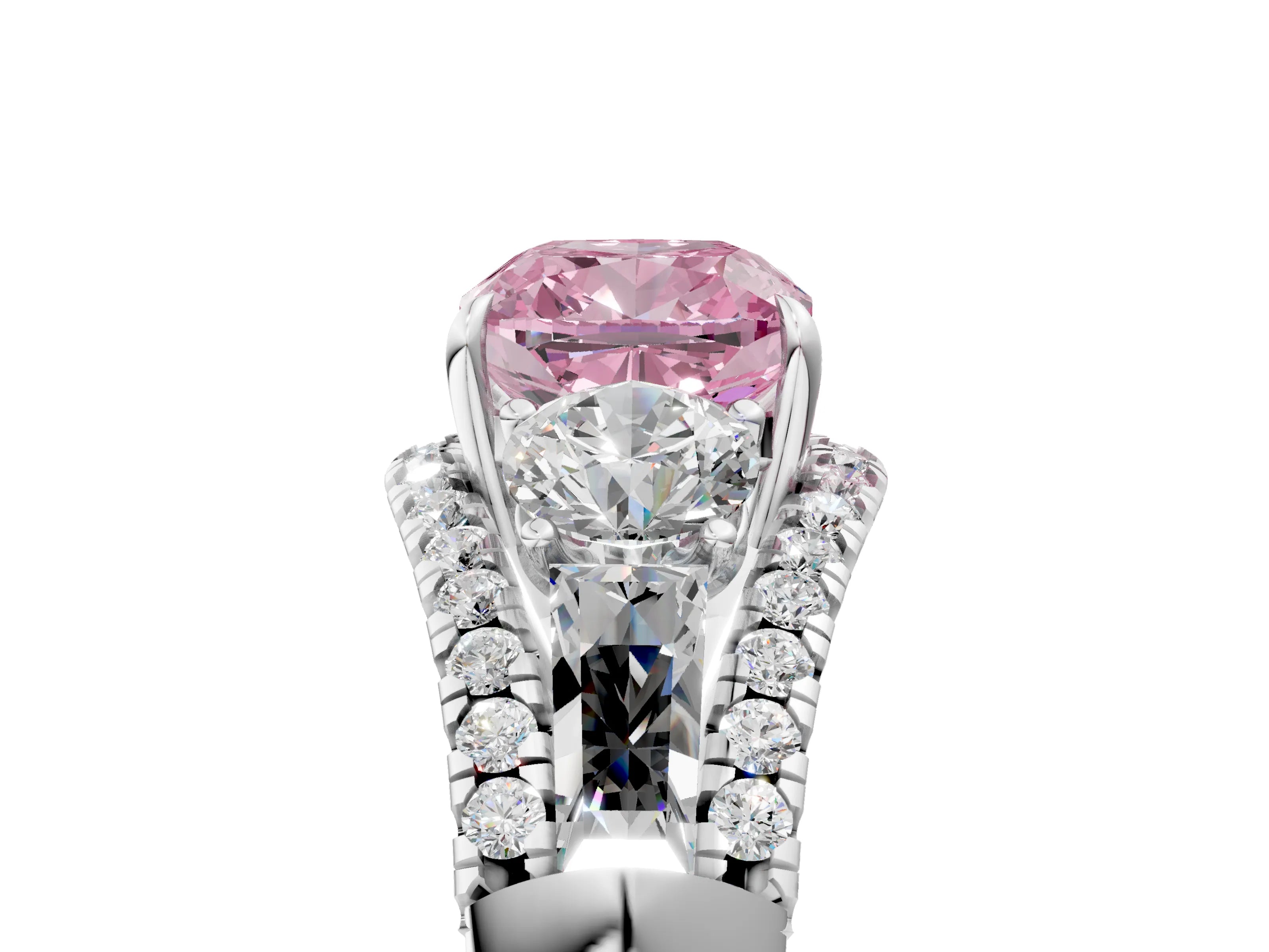 White gold Three-Stone Fancy Pink Cushion Cut Diamond Engagement Ring with Pave Band and Prong Setting_17